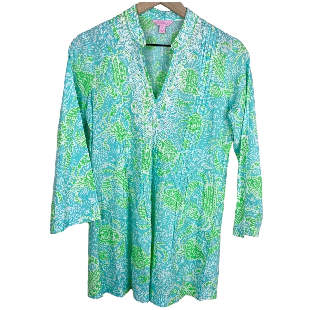Lilly Pulitzer Tunic Shirt Womens XS Bungle In The Jungle‎ Blue Green Beaded